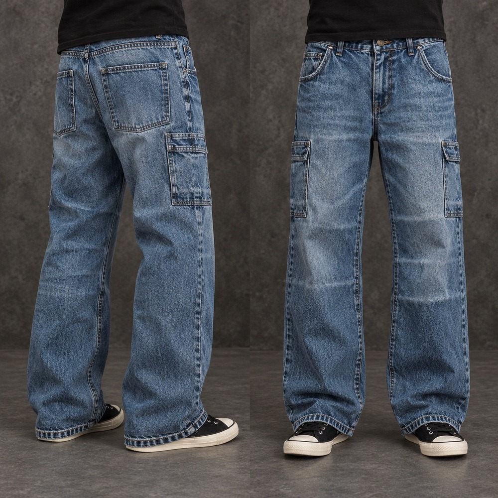 25x28 Blue Wide Leg Straight Skater Cargo Denim Jeans Y2K Vintage